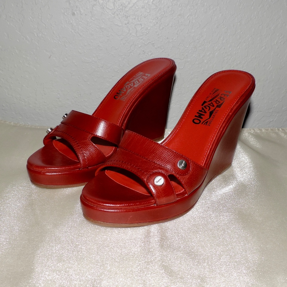 FERRAGAMO RED 3.5" SLIDE NEVER WORN SZ 37